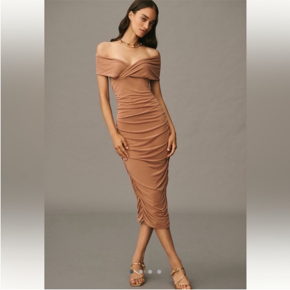 By Anthropologie off the shoulder ruched slim midi dress
